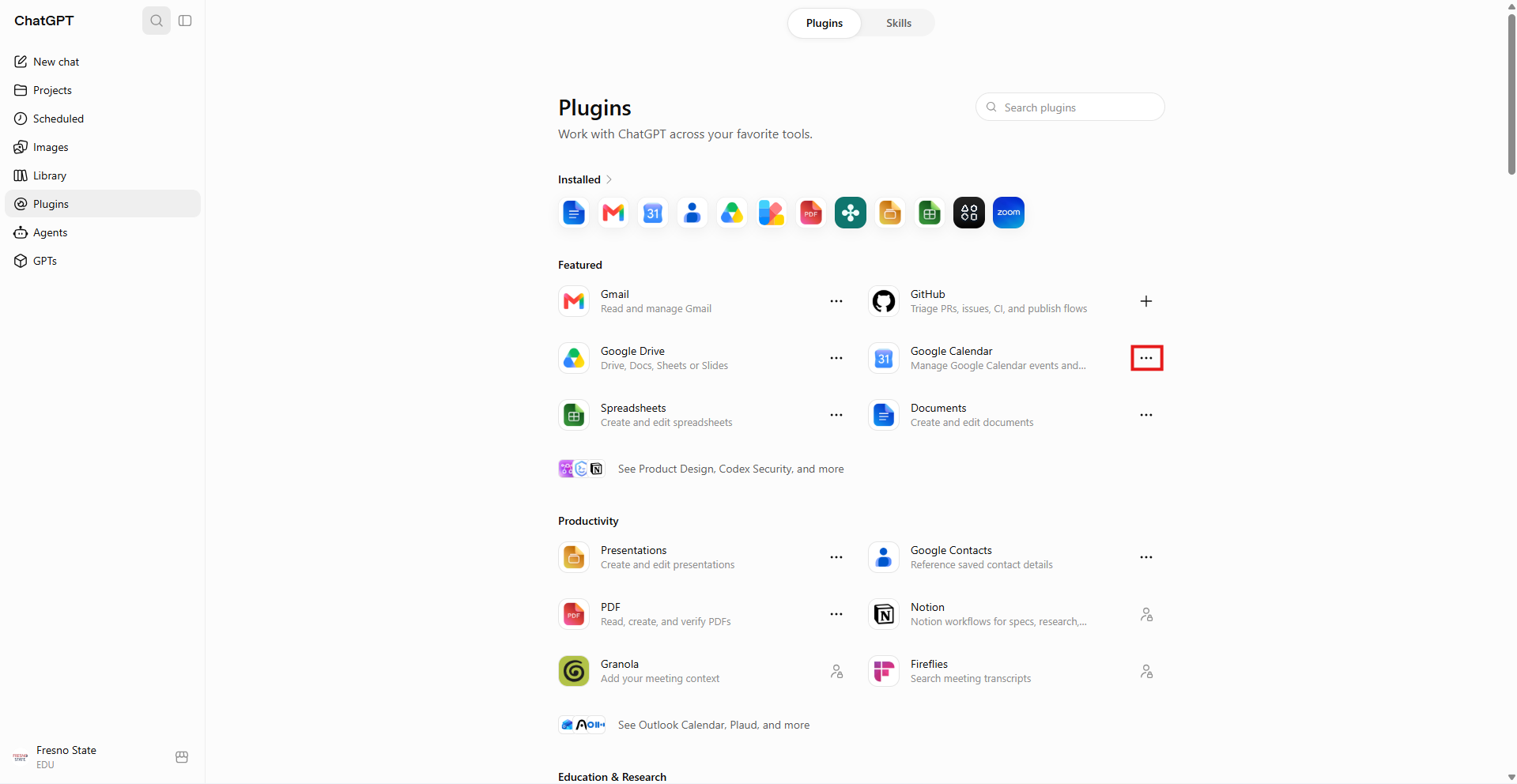 ChatGPT Plugins page with the three-dot menu next to Google Calendar highlighted by a red box.