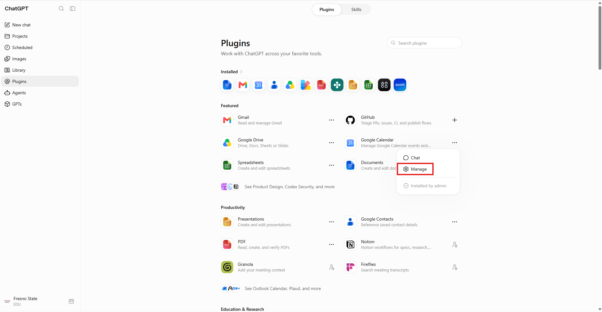 Google Calendar plugin menu open on the ChatGPT Plugins page, with Manage highlighted by a red box.