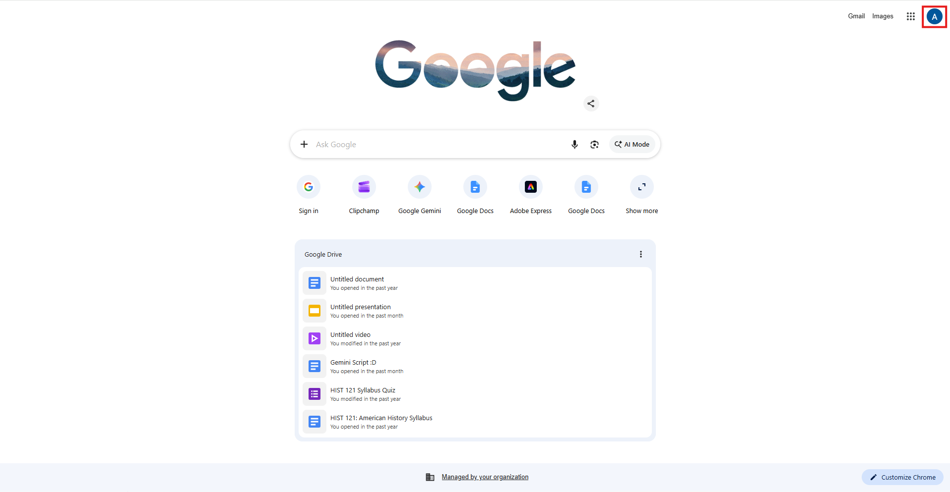 Google homepage with the profile icon highlighted by a red box.