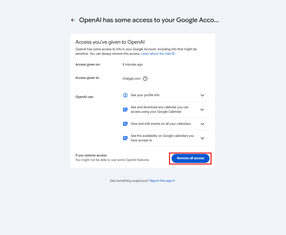 OpenAI permissions page with Remove all access highlighted by a red box.