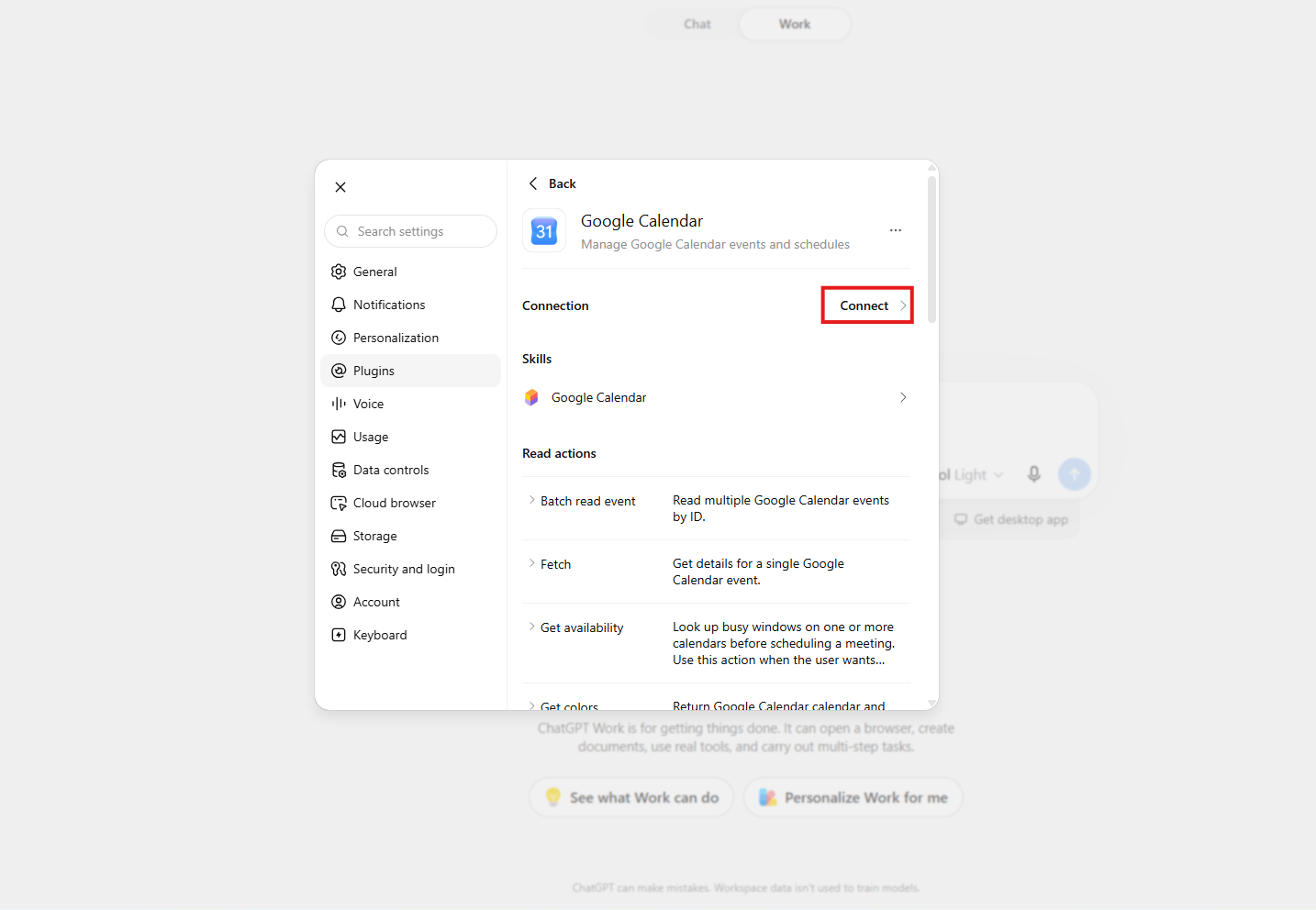 Google Calendar plugin settings page in ChatGPT, with the Connect button highlighted by a red box.