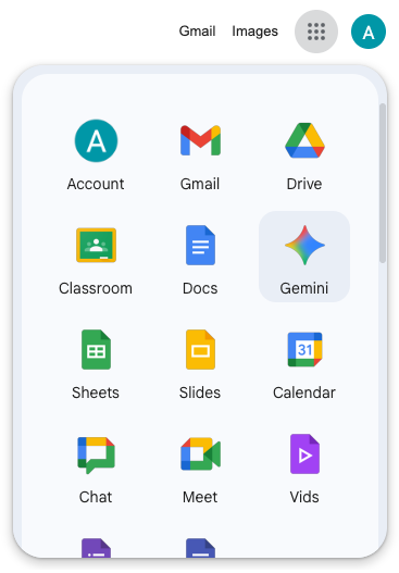 Google gemini in the waffle menu
