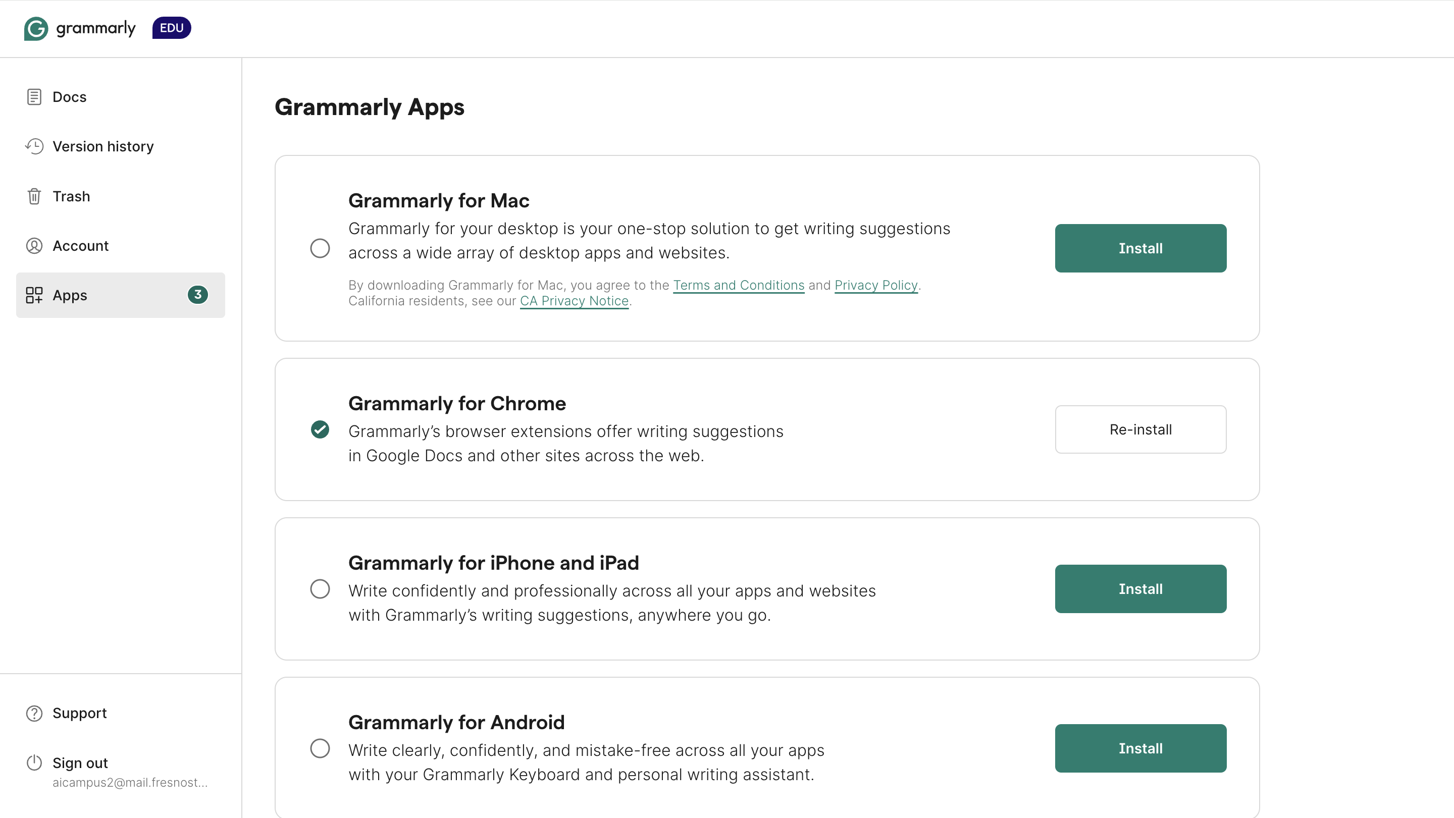 Grammarly apps menu