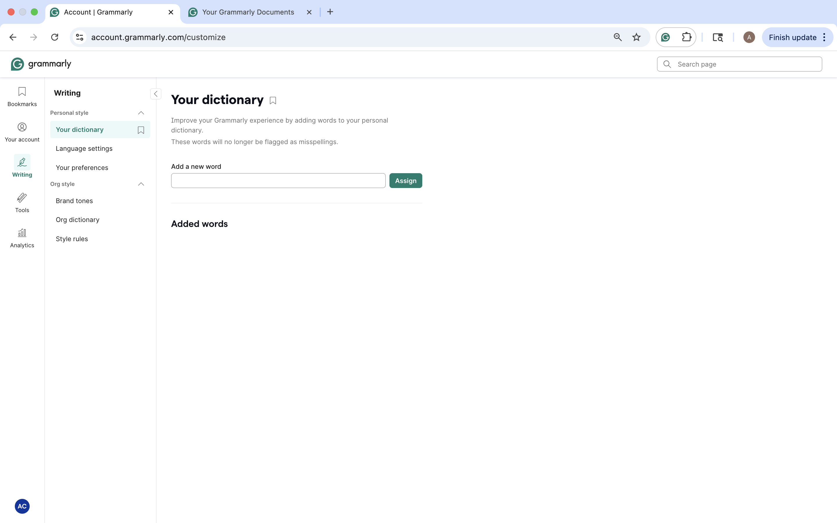 Grammarly dictionary page