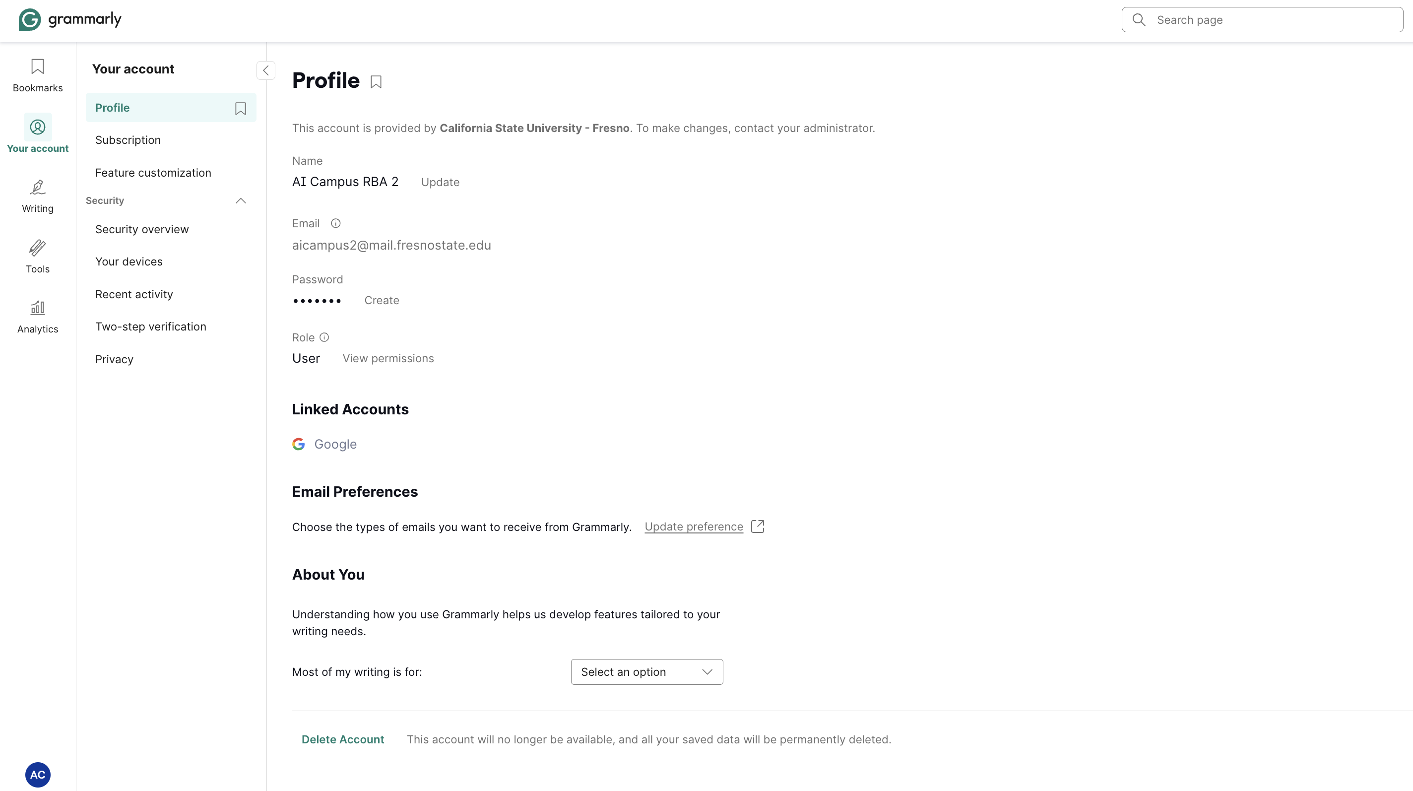 Grammarly Profile page