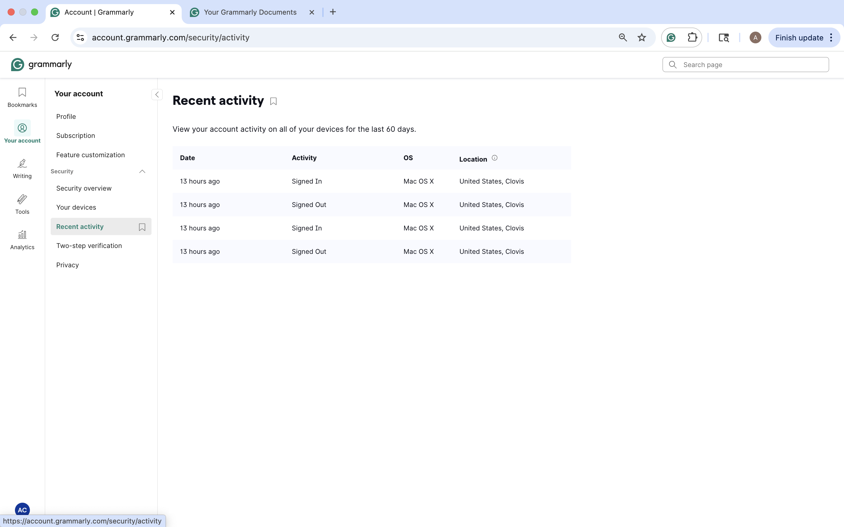 Grammarly recent activity