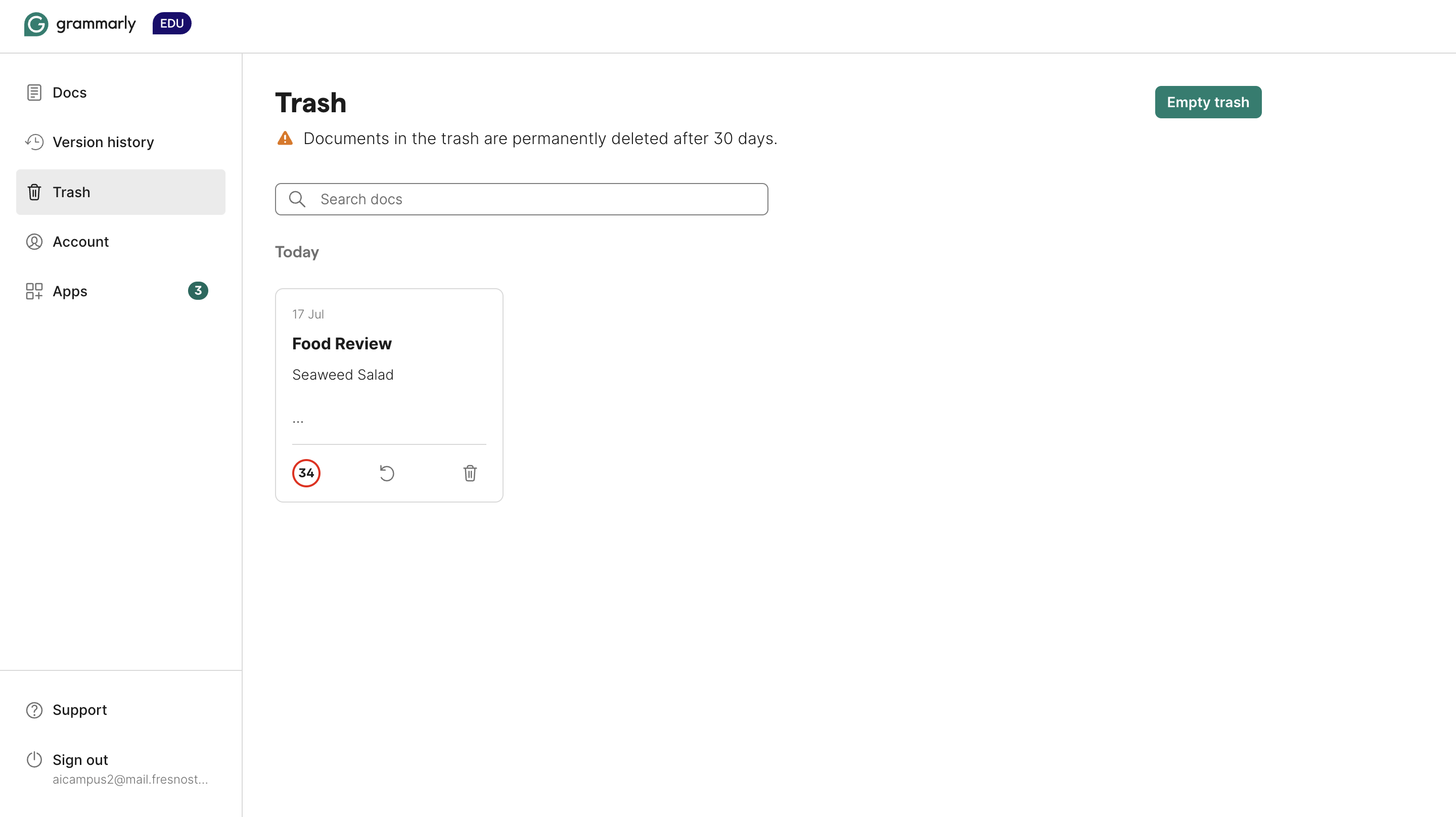Grammarly trash page