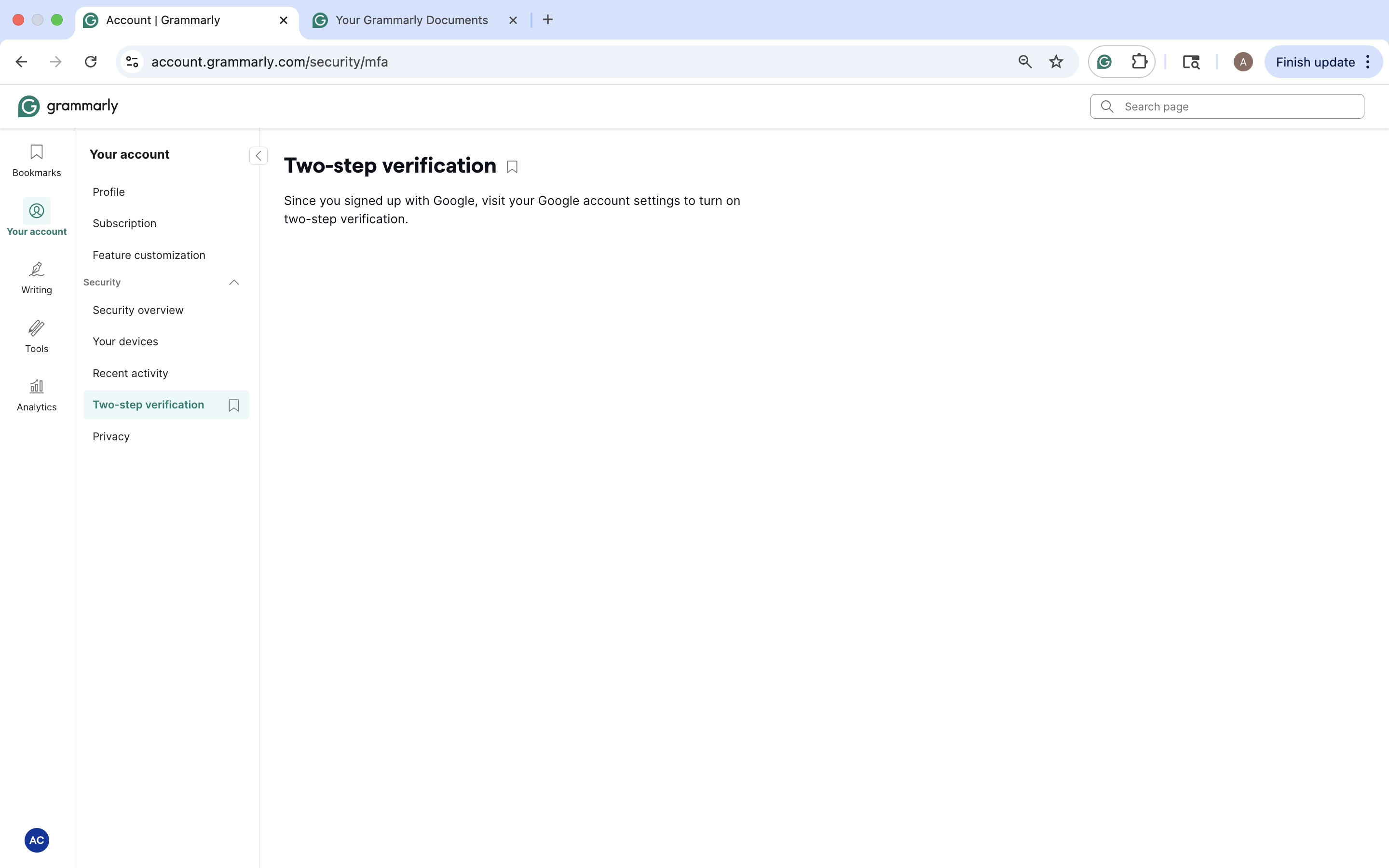 Gramamrly two-step verification